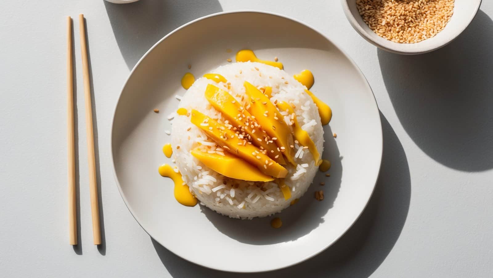 A plate of Thai sticky rice, or Khao Neow, is beautifully topped with luscious mango slices and sprinkled with sesame seeds. Chopsticks lie elegantly to the side, while a bowl filled with extra sesame seeds awaits nearby.
