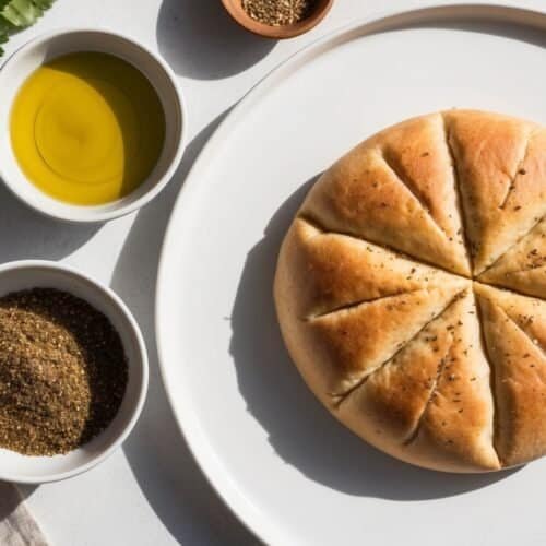 A delightful round loaf of khobz rests on a white plate, accompanied by bowls of olive oil and spices. A sprig of herbs adds a fresh touch to this inviting scene on a white surface, perfect for enjoying with aromatic za'atar.