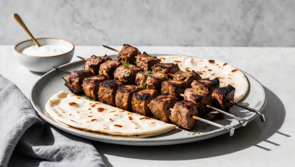 Savor the taste of lamb kebab skewers artfully grilled and served with flatbread and a bowl of white sauce, reminiscent of flavors from a bustling street vendor.