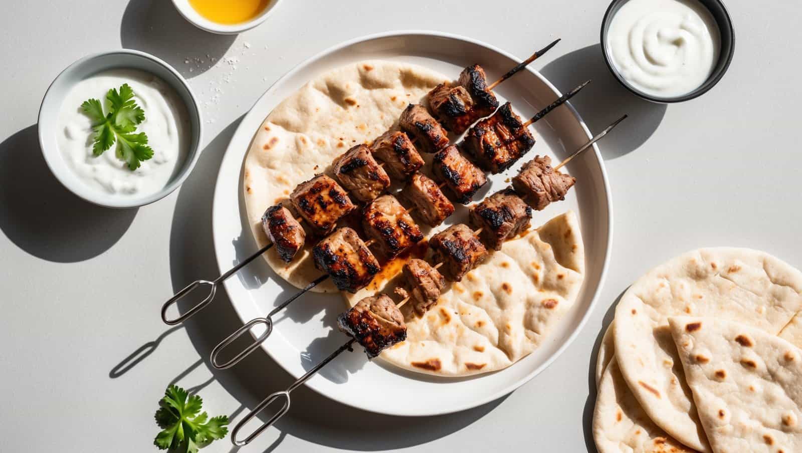Grilled lamb kebab skewers rest on a plate with flatbread, accompanied by small bowls of yogurt sauce and parsley on a white surface, reminiscent of a street vendor's favorite recipe.