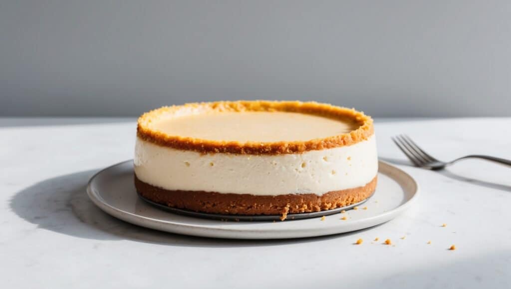 A classic New York cheesecake with a golden-brown crust rests on a gray plate, placed on a marble surface next to a fork.