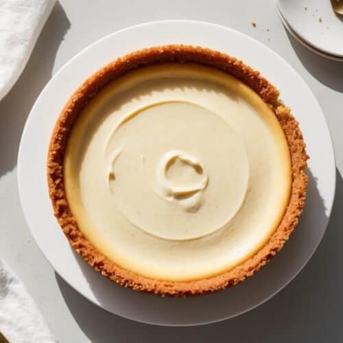 A creamy, light yellow New York Cheesecake with a graham cracker crust sits on a white plate. A fork and a small plate with a gold-handled spoon are nearby on the pristine white surface.