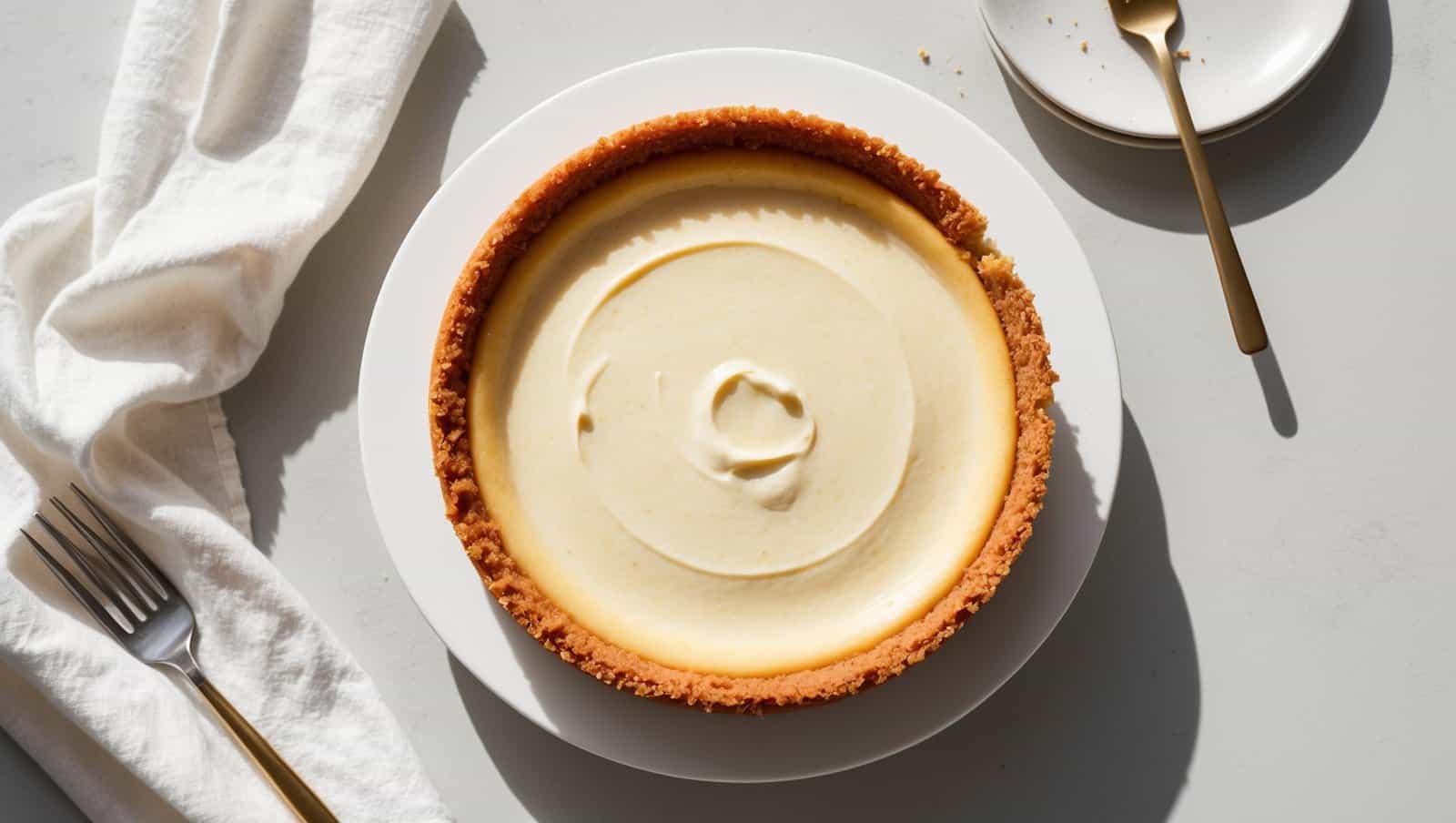 A creamy, light yellow New York Cheesecake with a graham cracker crust sits on a white plate. A fork and a small plate with a gold-handled spoon are nearby on the pristine white surface.