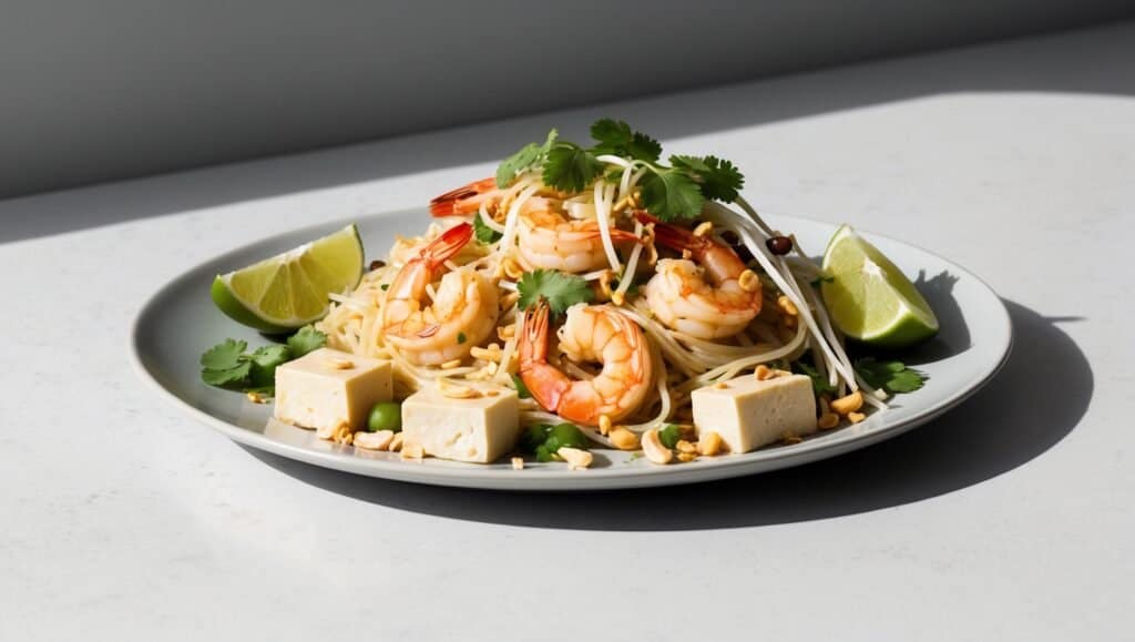 A plate of classic Pad Thai with shrimp, tofu, bean sprouts, peanuts, lime wedges, and cilantro rests on a white surface.