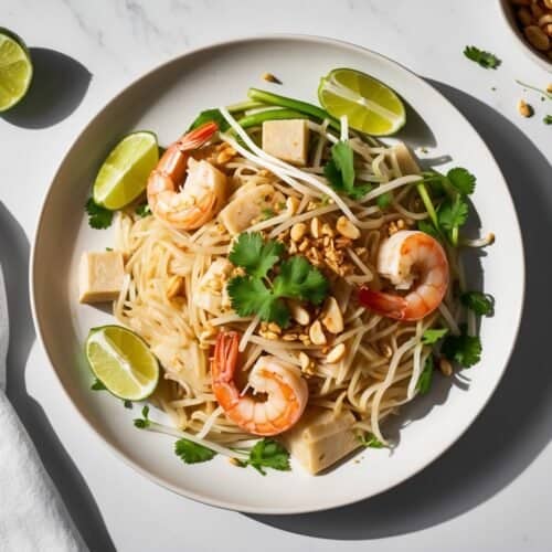 A plate of shrimp pad Thai, a classic recipe garnished with lime wedges, tofu, bean sprouts, cilantro, and peanuts, sits invitingly with a fork and napkin nearby.
