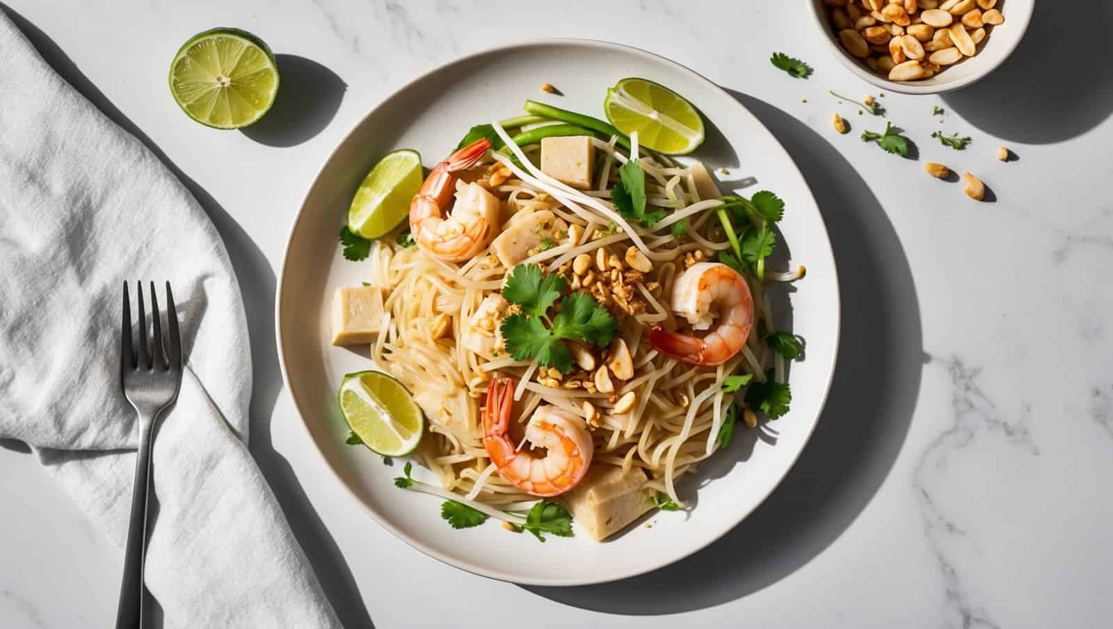 A plate of shrimp pad Thai, a classic recipe garnished with lime wedges, tofu, bean sprouts, cilantro, and peanuts, sits invitingly with a fork and napkin nearby.