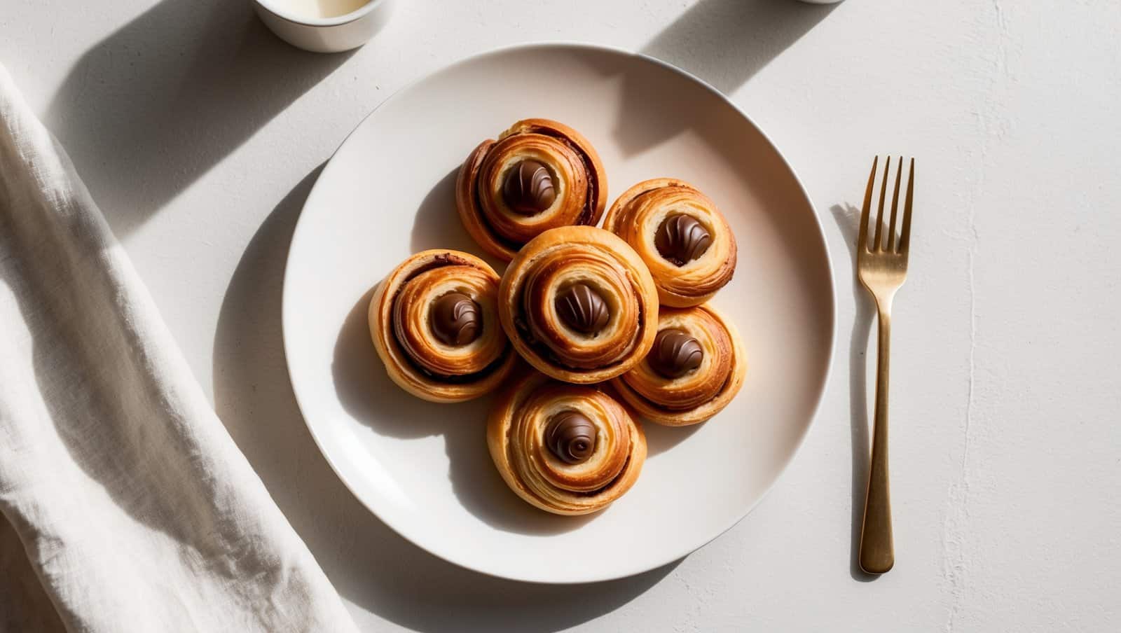 A white plate with six round pastries topped with chocolate swirls, reminiscent of a classic Chocolate Croissant Recipe, placed on a light surface next to a fork.