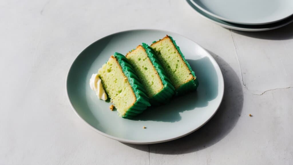 Three fluffy slices of green pandan cake sit on a light gray plate with a small piece of butter, placed on a white surface.