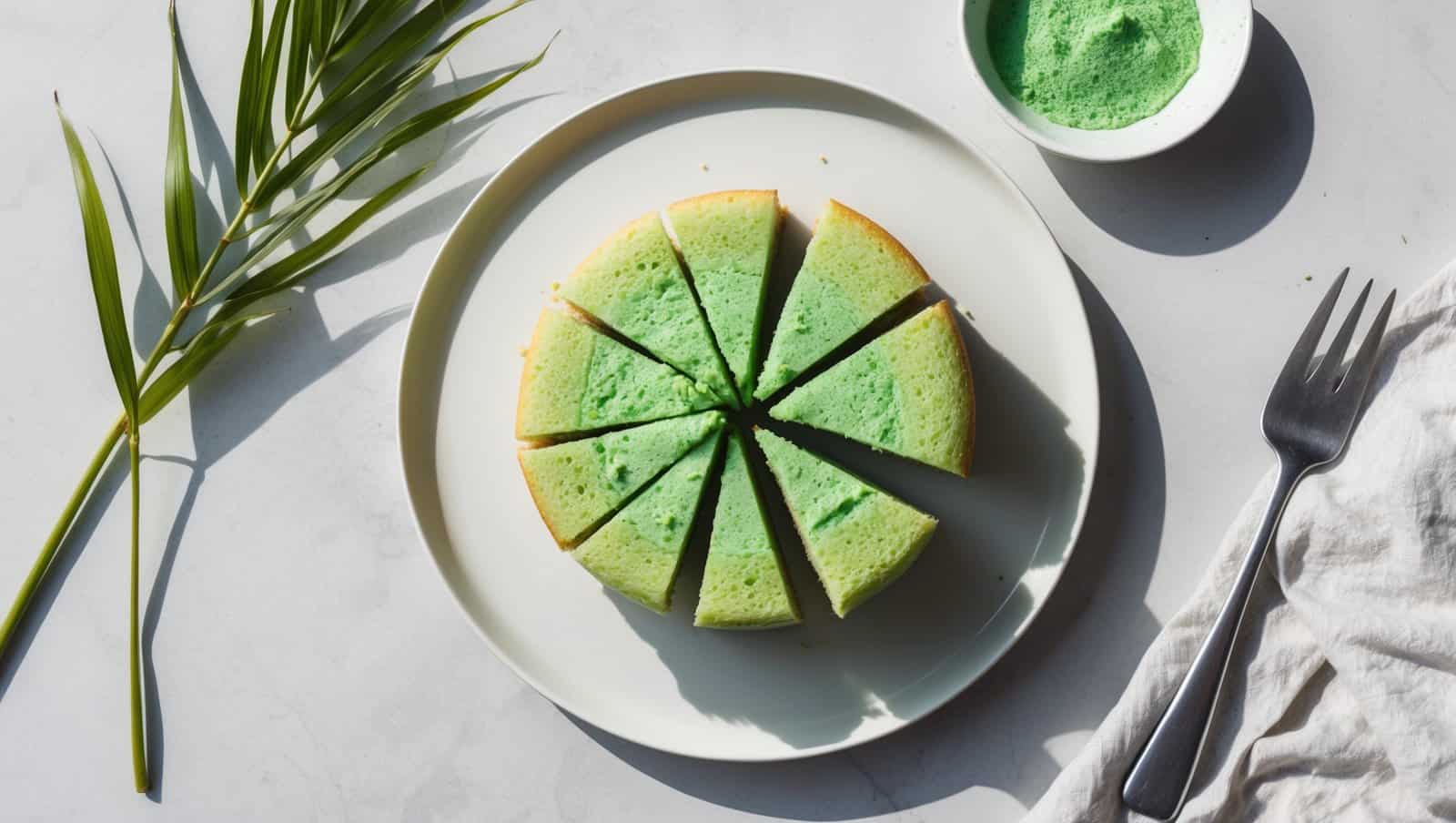 A fluffy pandan cake, sliced into eight pieces, rests on a white plate beside a small bowl of green powder, a fork, and a palm leaf on a pristine surface.