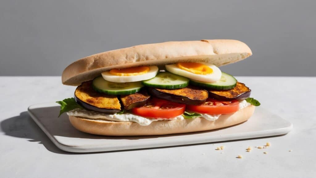 Enjoy a delicious Israeli Sabich, featuring lettuce, tomato slices, roasted eggplant, cucumber, and a boiled egg with a flavorful spread on a light-colored plate.