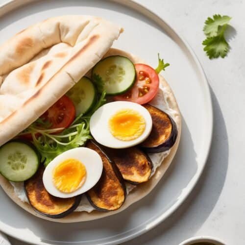 A traditional Israeli sandwich, this Sabich features a flatbread filled with sliced cucumber, tomato, eggplant, boiled eggs, and fresh greens. It's elegantly paired with small bowls of sauces for an extra burst of flavor.