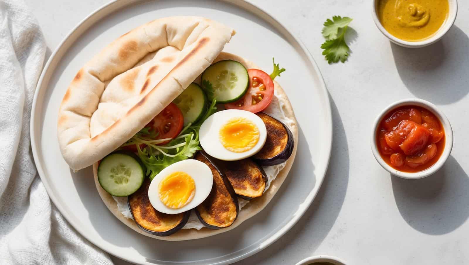 A traditional Israeli sandwich, this Sabich features a flatbread filled with sliced cucumber, tomato, eggplant, boiled eggs, and fresh greens. It's elegantly paired with small bowls of sauces for an extra burst of flavor.