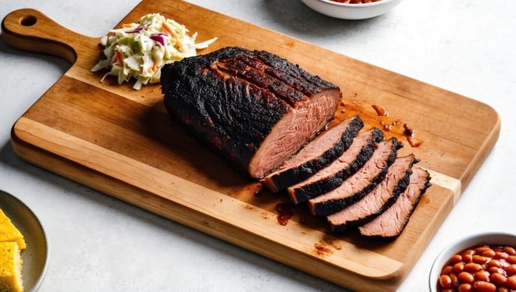 Smoked brisket slices rest on a rustic wooden cutting board, accompanied by zesty coleslaw on the side.