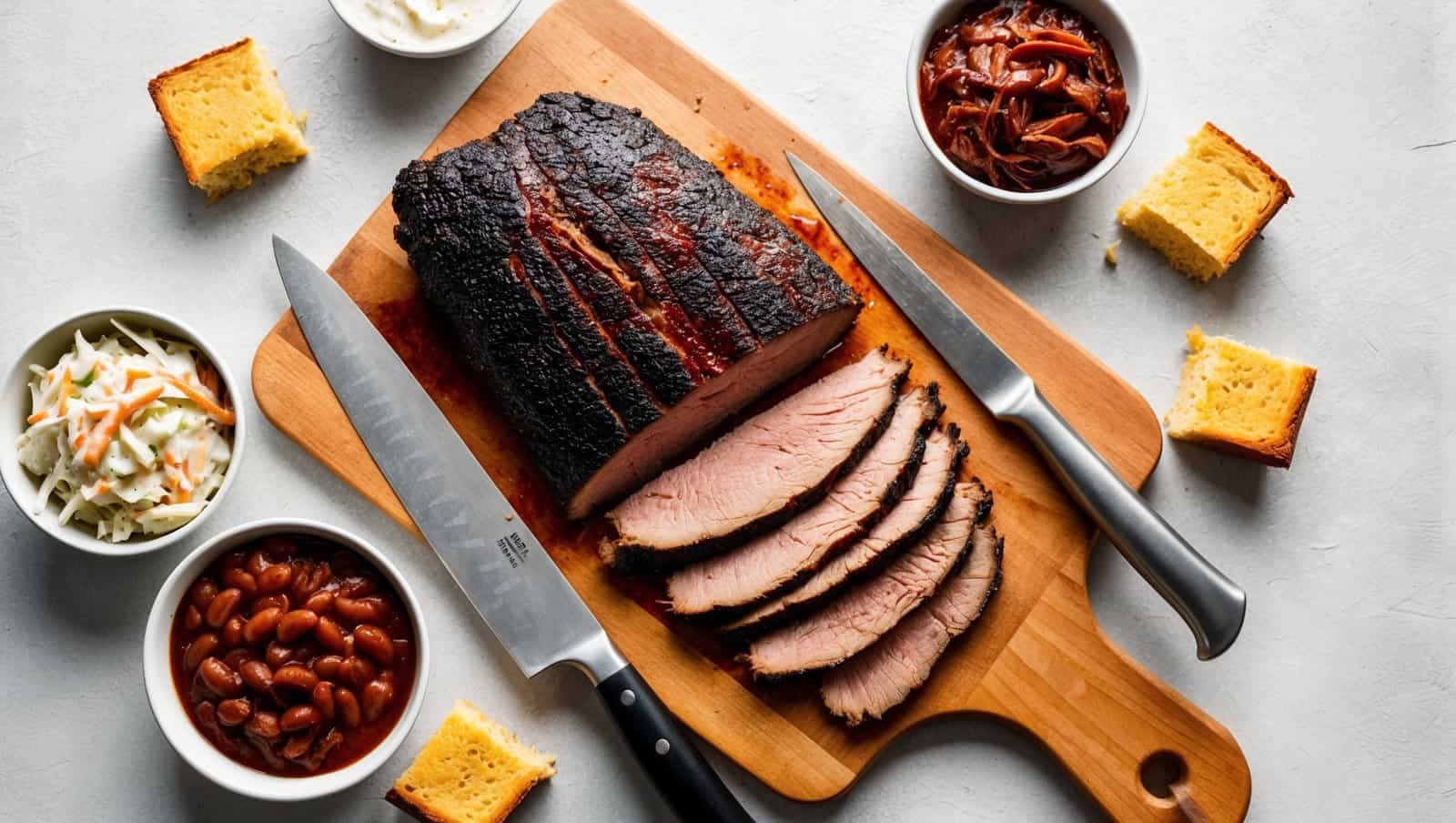 Sliced smoked brisket on a cutting board with a knife, accompanied by bowls of coleslaw, baked beans, caramelized onions, and cornbread pieces. It's a ranch recipe delight for any barbecue enthusiast.