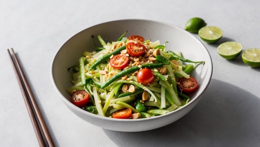 A bowl of spicy Som Tum with green papaya, cherry tomatoes, and green beans, topped with peanuts. Chopsticks rest beside lime halves for a zesty finish.