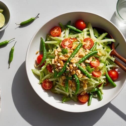 A bowl of Spicy Green Papaya Salad with green beans, cherry tomatoes, cucumbers, and peanuts. Garnished with lime, chili peppers, and cilantro for that authentic Som Tum flavor. A glass of water and napkin are nearby.