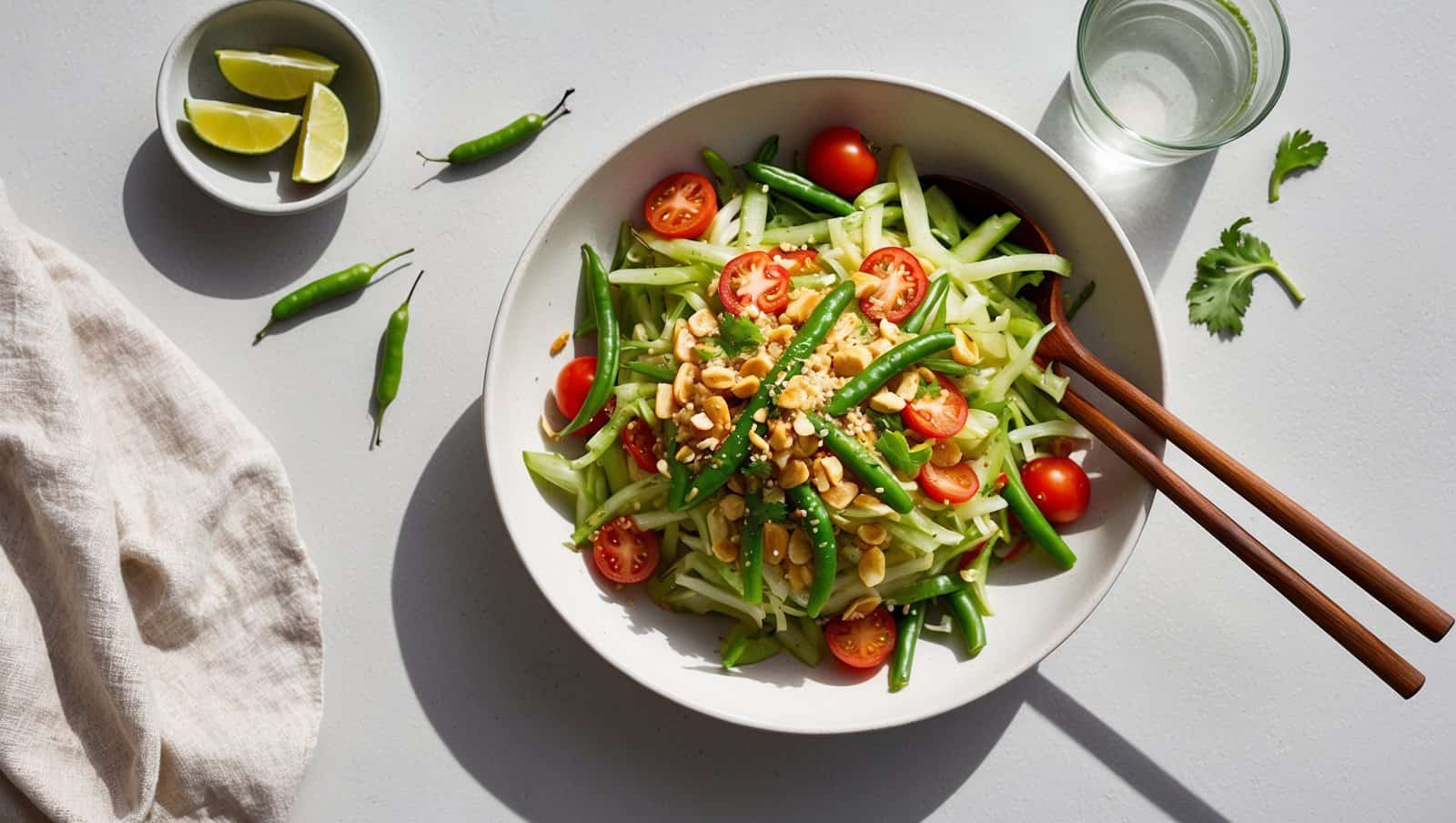 A bowl of Spicy Green Papaya Salad with green beans, cherry tomatoes, cucumbers, and peanuts. Garnished with lime, chili peppers, and cilantro for that authentic Som Tum flavor. A glass of water and napkin are nearby.
