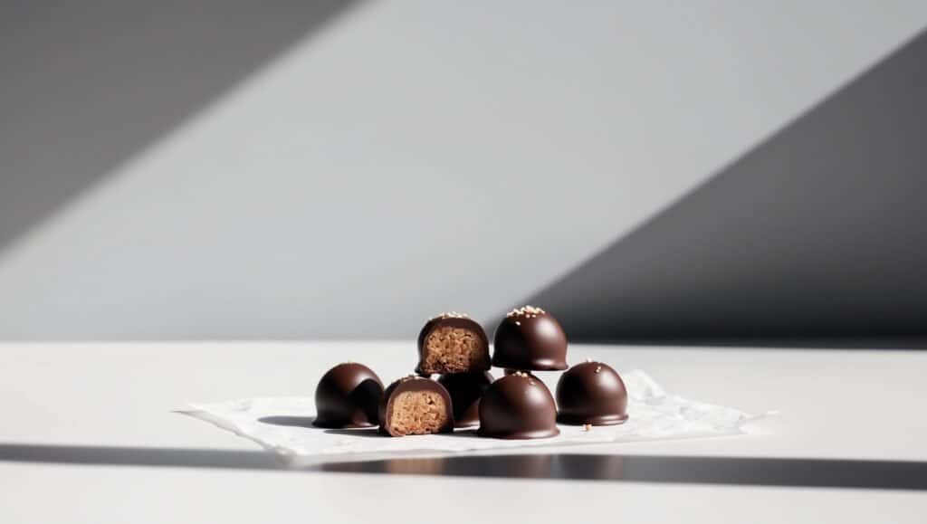 A stack of homemade chocolate truffles, some cut in half, sits on parchment paper with sunlight casting shadows.