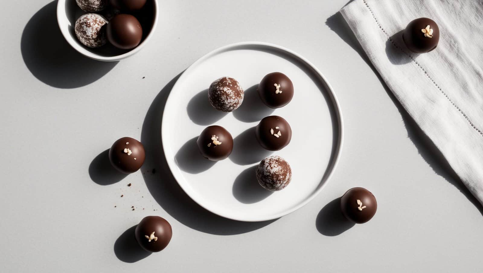 A white plate boasts homemade chocolate truffles topped with small decorations. A bowl holds more delectable Swiss chocolate truffles, while some are artfully scattered on the table beside a crisp white napkin.