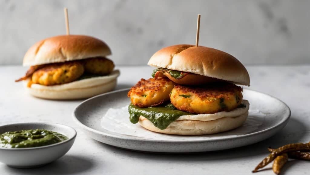 A spicy twist on the classic Vada Pav, featuring two vegetable patties nestled in buns with green chutney and skewers, served on a light gray plate. Enjoy a side of dip to complement this flavorful recipe.