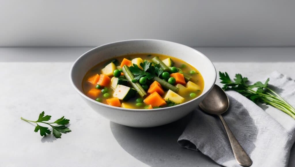 A healthy bowl of vegetable soup brimming with diced carrots, potatoes, peas, and green beans, garnished with fresh parsley. Perfect for dinner, a spoon rests on a gray napkin beside it.