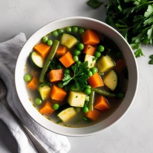 A bowl of healthy vegetable soup with carrots, zucchini, peas, and potatoes, garnished with parsley, sits next to a spoon and a cloth napkin. A bunch of fresh parsley lies nearby, making it the perfect dinner choice.