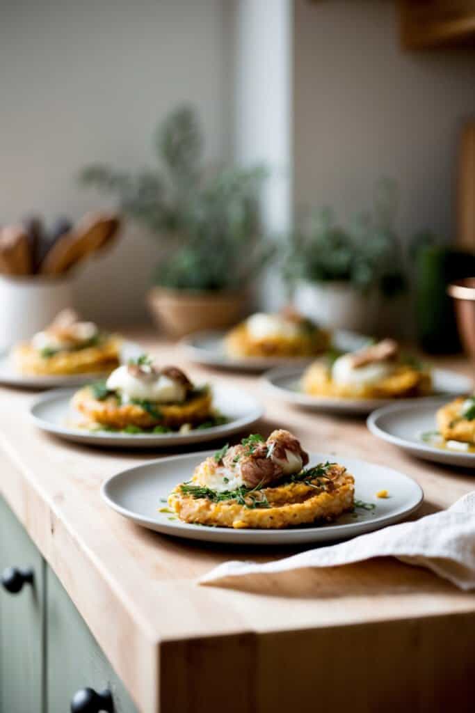 Plates with hash brown waffles, topped with poached eggs and herbs, are arranged on a wooden counter. The enticing display is perfect for any gathering, and you can easily adjust servings to suit your needs. Lush greenery provides a serene backdrop to this delectable scene.