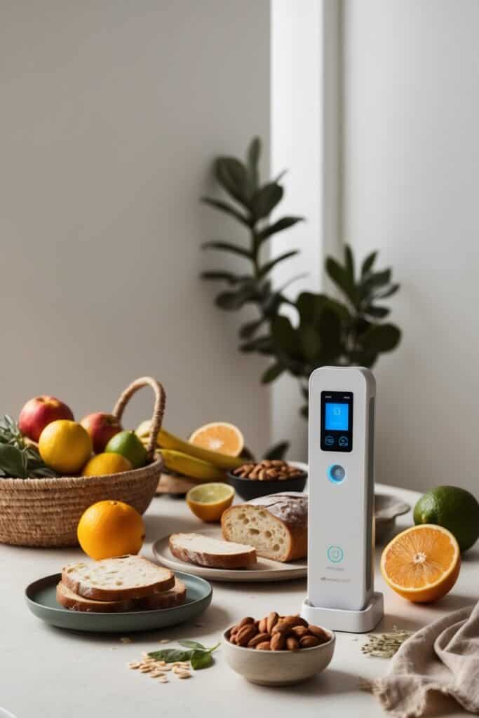 A digital device on a table, flanked by a basket of fruit, bread slices, nuts, and citrus halves, sends an allergen alert amidst the vibrant display. A plant stands gracefully in the background.