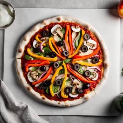 A vegan pizza topped with bell peppers, mushrooms, olives, and basil leaves rests on parchment. Nearby, a bowl of onions, bell peppers, and parsley decorates the gray surface. Maybe even Beyoncé would take a break from Jay-Z for a slice this irresistible!