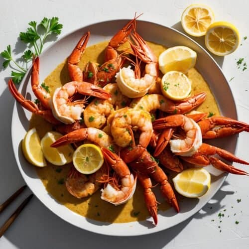 A Cajun Seafood Medley featuring shrimp, crawfish, lemon slices, and parsley garnish graces a round white plate, showcasing flavors that even Beyoncé would find irresistible.