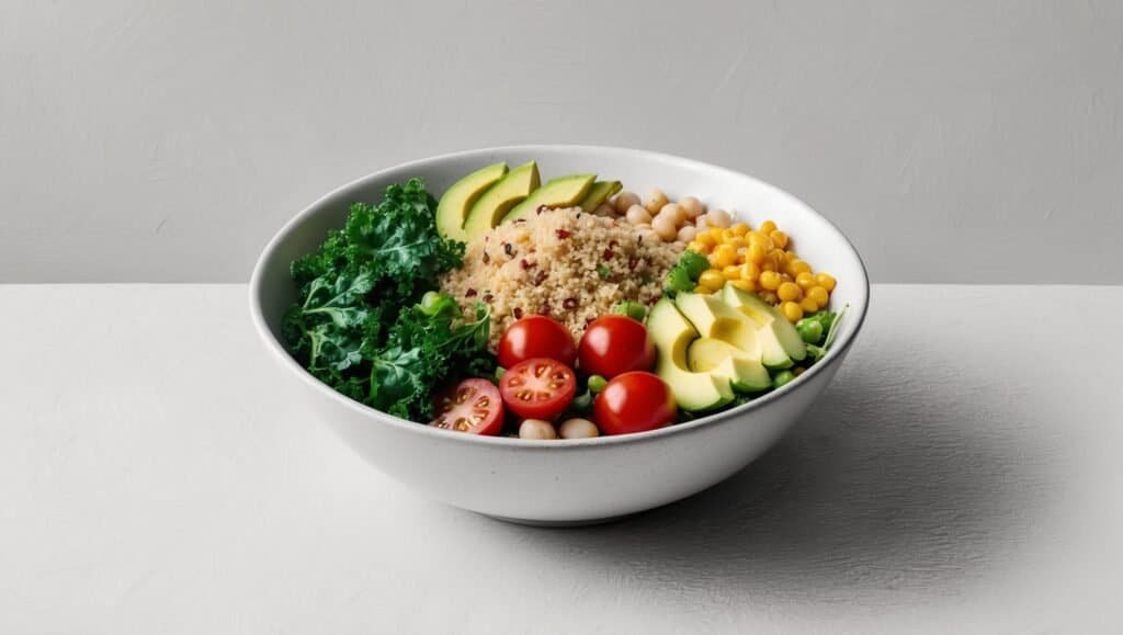 Enjoy a vibrant Rainbow Quinoa Salad featuring kale, cherry tomatoes, avocado, chickpeas, corn, and cucumber elegantly arranged in a bowl on a light surface.