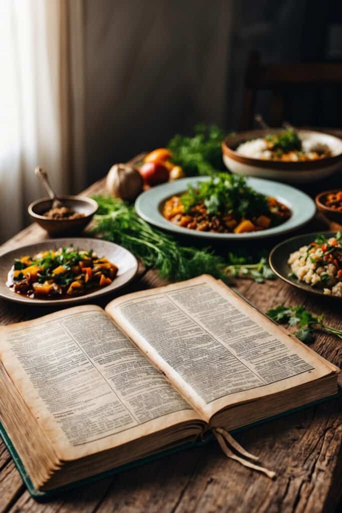 An open cookbook resembling a culinary dictionary sits on a wooden table, surrounded by assorted dishes and fresh ingredients.