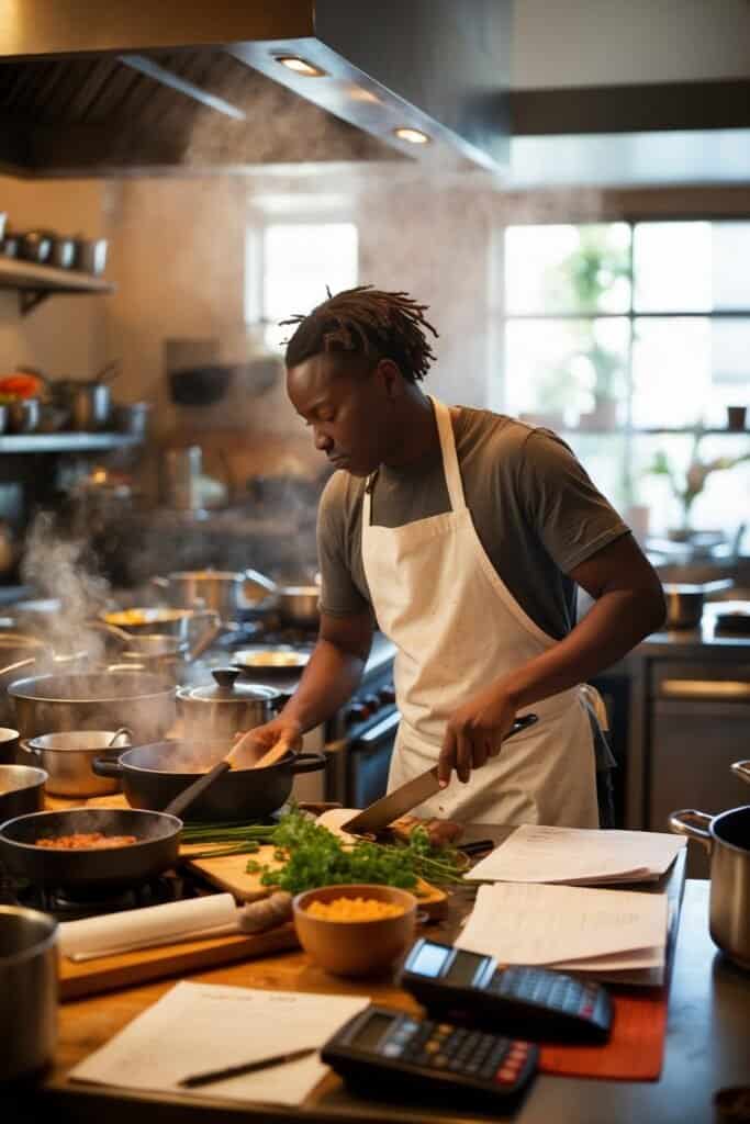 A person in a kitchen wearing an apron is expertly chopping vegetables on a wooden cutting board, habitually performing their own form of culinary cost estimation, surrounded by steaming pots and diverse cooking ingredients.