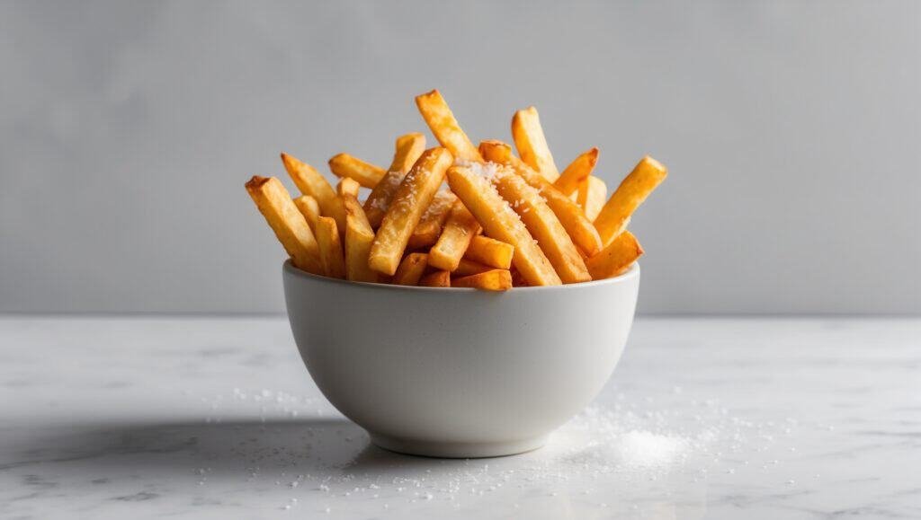 A white bowl brimming with perfect, crispy French fries rests on a marble surface, their golden allure as captivating as a Simone Biles performance.