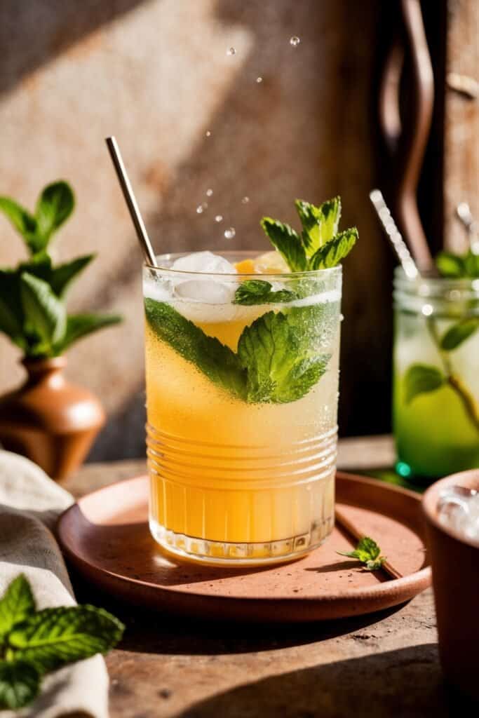 A refreshing iced drink with mint leaves graces a glass, perched on a terracotta plate. Another cocktail sits in the background, each embodying the art of drink recipes. Sunlight casts a warm glow, highlighting these delightful beverages.
