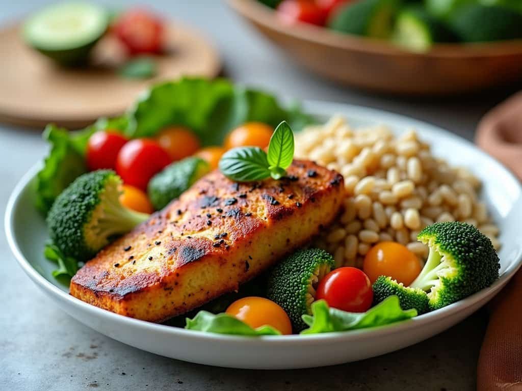 A plate of grilled tofu with cherry tomatoes, broccoli, and pine nuts, garnished with a mint leaf, on a bed of green lettuce.