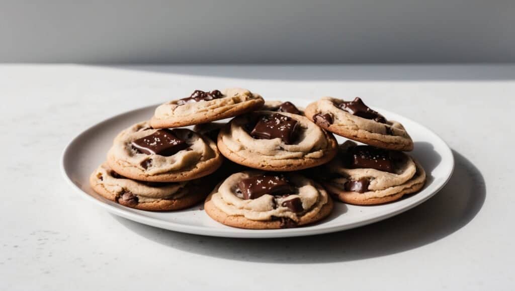 A plate of J-Dough chocolate chip cookies topped with large chocolate chunks, arranged in a neat stack on a white surface.