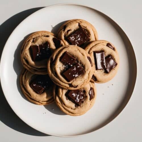 A plate of J-Dough chocolate chip cookies garnished with sea salt sits enticingly on a light-colored background.