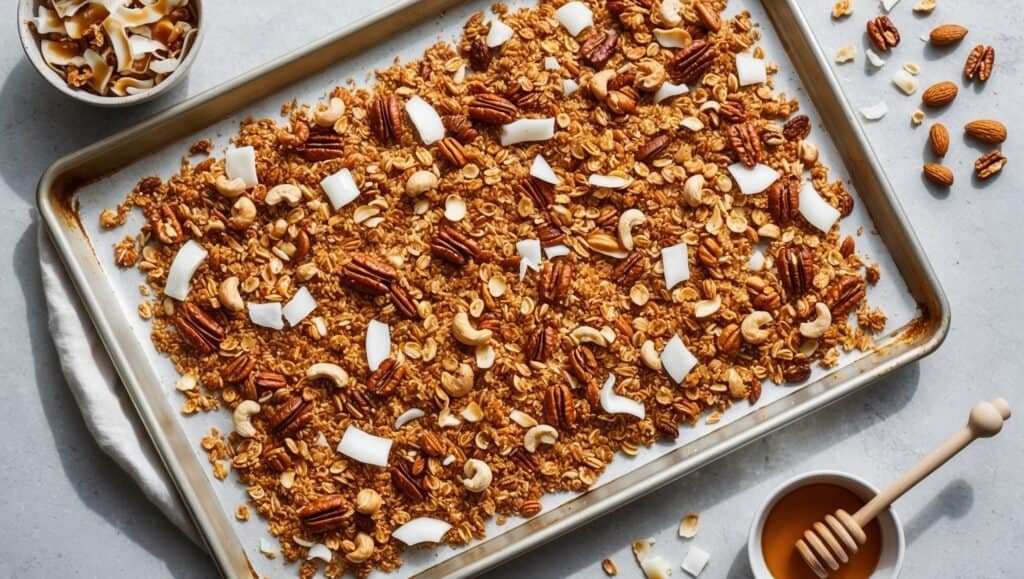 A baking sheet filled with savory-sweet, homemade granola, featuring oats, pecans, cashews, coconut flakes, and almonds. A small bowl of honey sits nearby.