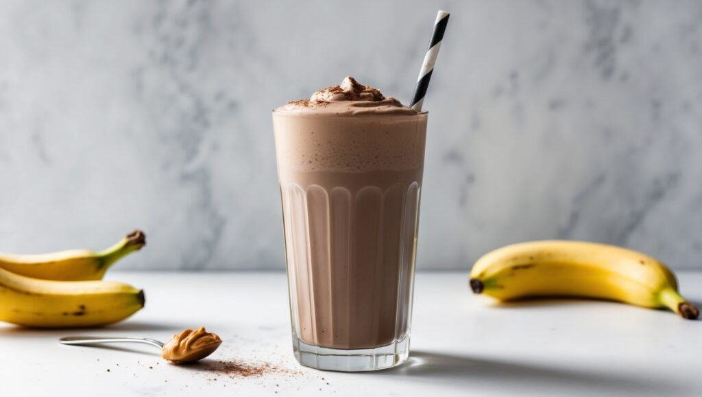 A chocolate protein shake, topped with whipped cream and a straw, rests on a table surrounded by two bananas and a spoonful of peanut butter—perfect for a post-workout treat.