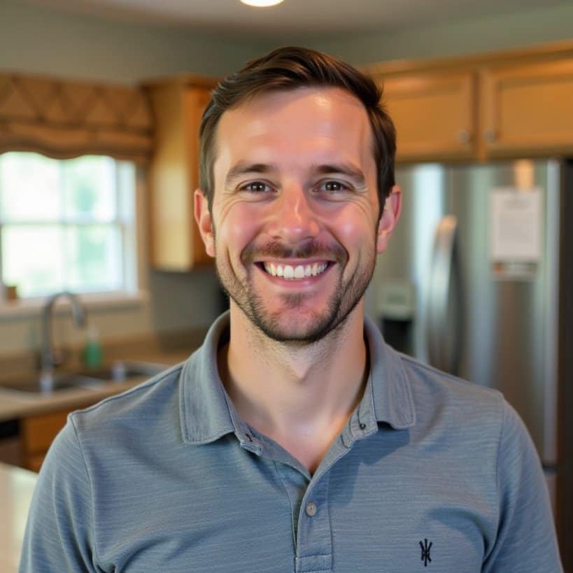 A smiling man stands in a kitchen with wooden cabinets and a stainless steel refrigerator.