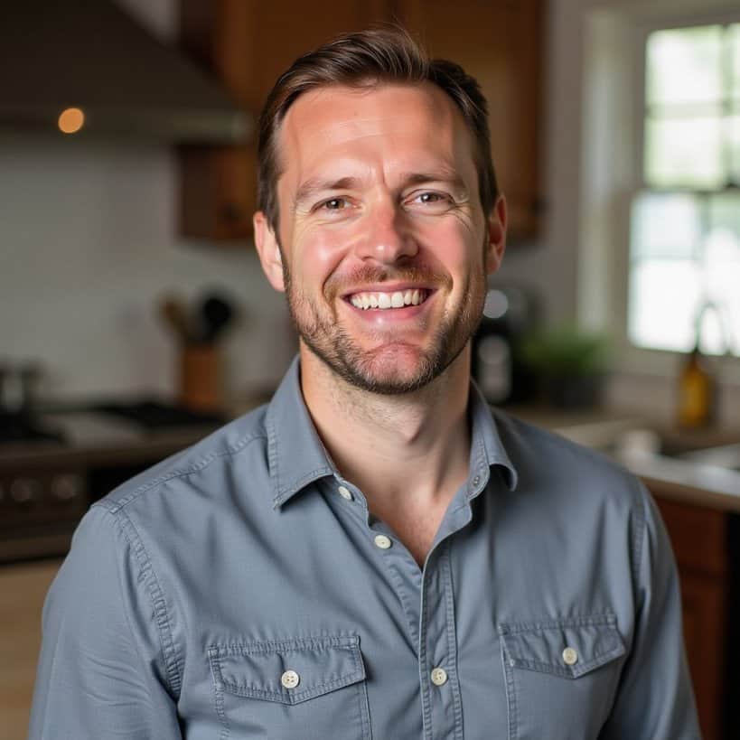 A smiling man with a beard in a blue shirt stands in a kitchen.