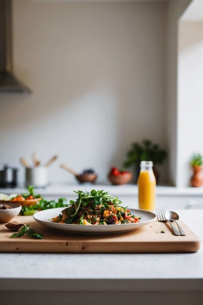 A plate of salad with greens and vegetables thoughtfully arranged by a nutrition advisor sits on a wooden board, accompanied by a fork, knife, and a bottle of juice, all elegantly positioned on a white kitchen counter.