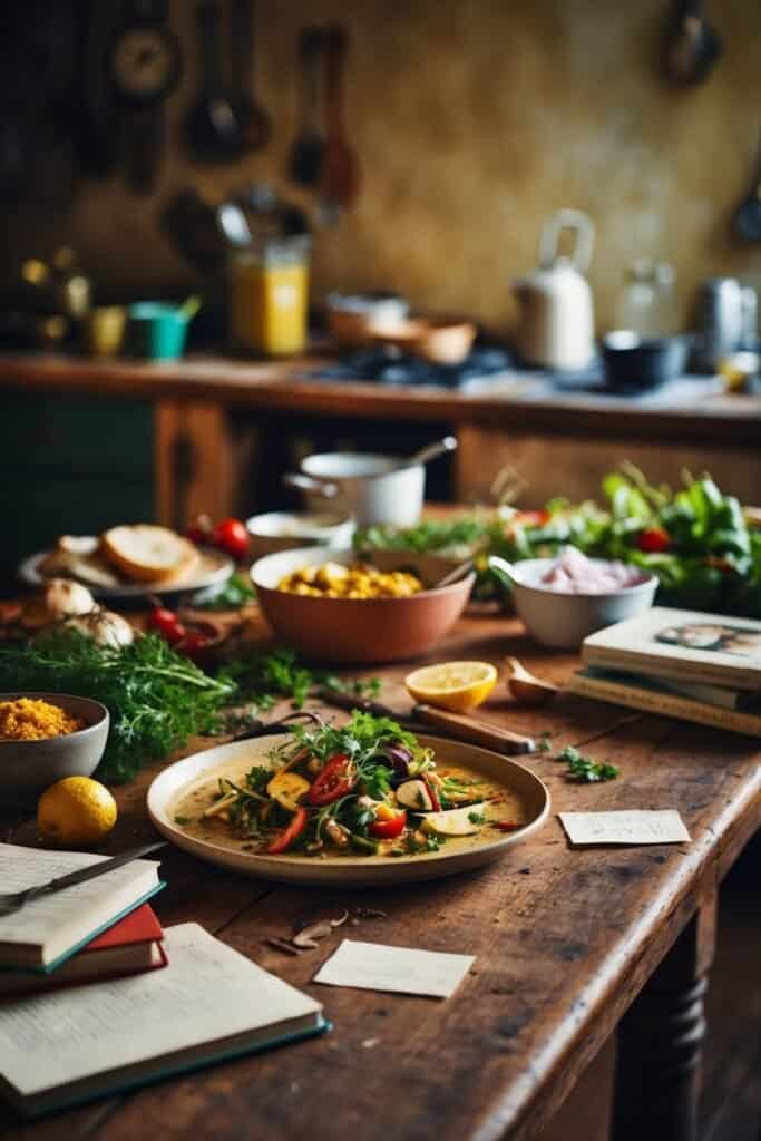 A rustic kitchen table adorned with fresh vegetables, herbs, and prepared dishes sets a cozy scene. Cookbooks, notes, and a laptop open to an online quiz maker intermingle seamlessly with kitchen utensils hanging in the background.