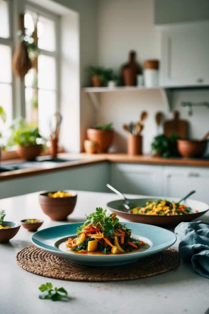 A kitchen with a large window showcases a plated dish of vegetables and greens on the table, resembling a recipe from Nature's Bounty. Bowls of ingredients and a skillet sit nearby, with plants and utensils in the background.