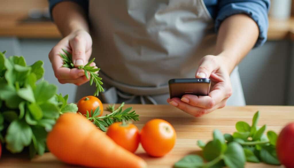 Person taking a photo of fresh vegetables and herbs on a wooden kitchen counter, including carrots, tomatoes, and greens.