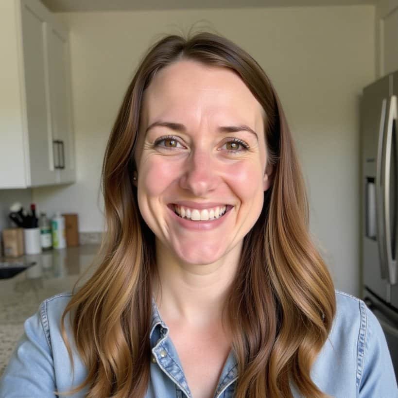 A person with long brown hair smiles in a kitchen, wearing a denim shirt. Kitchen appliances and a countertop are visible in the background.