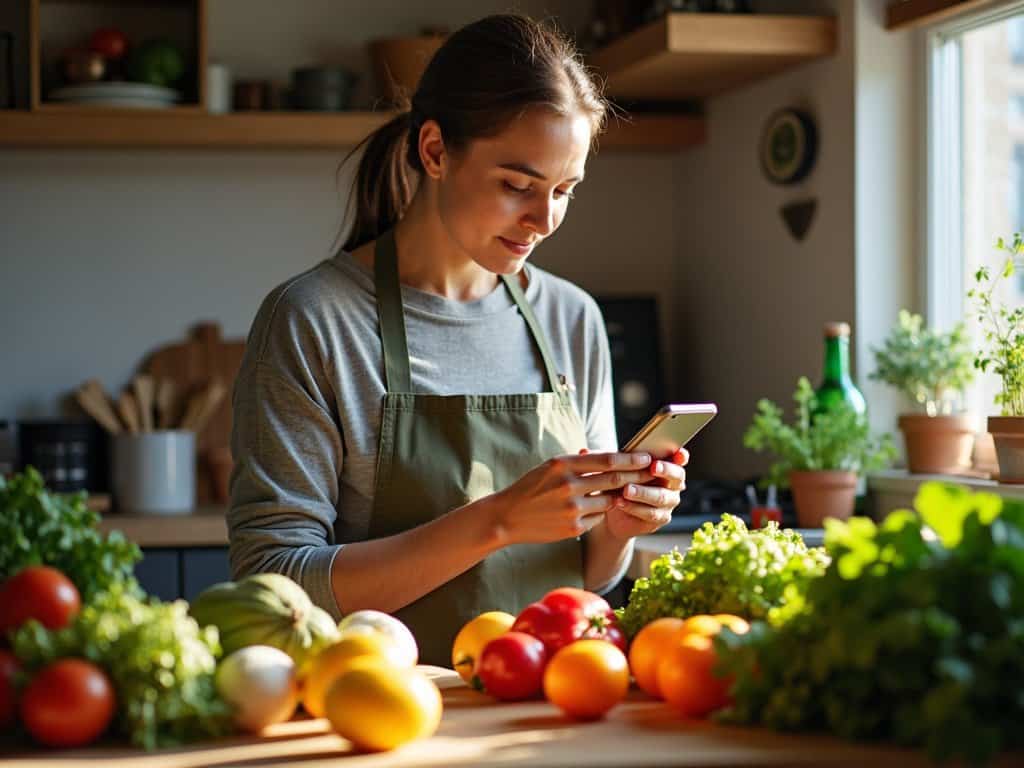 Woman in kitchen wearing an apron, looking at her phone, surrounded by fresh vegetables and herbs. Daylight is coming through a window.