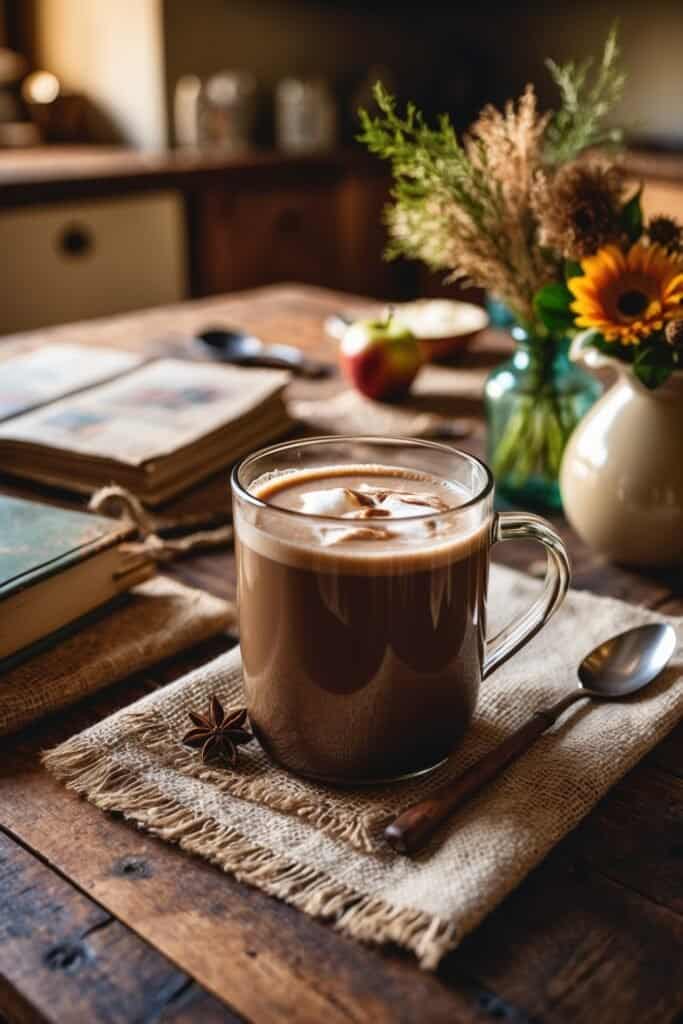 A glass mug of hot chocolate, a favorite among seasonal drinks, with star anise on top sits on a wooden table with a cloth mat, next to a spoon, a small vase of sunflowers, books, and an apple.