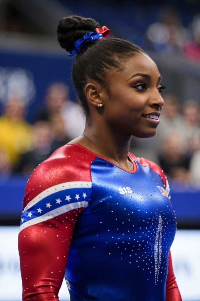 A gymnast in a red, blue, and white sequined leotard stands confidently, her hair in a bun decorated with a matching ribbon—reminiscent of the poise and grace associated with Simone Biles.